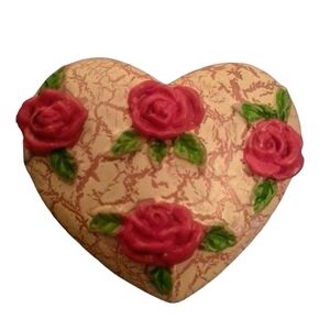 Vintage Heart Shaped Pin/Brooch Red Roses Crackle Design Valentine's